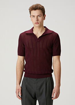 Bordo Polo Yaka Ajur Dokulu Kısa Kollu Triko