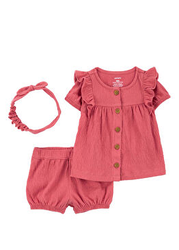Kırmızı Müslin Bluz Şort Bandana Kız Bebek 3'lü Set