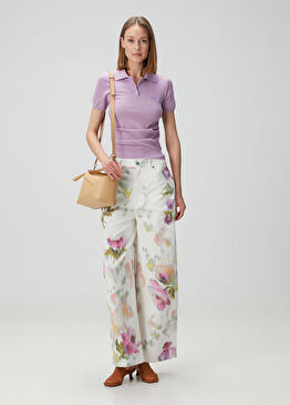 Beyaz Çiçekli Wide Leg Jean Pantolon