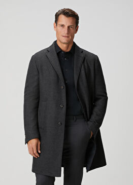 Antrasit Çizgi Desenli Yün Palto