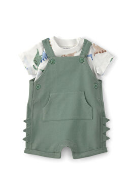 Yeşil Salopet ve Baskılı Kısa Kollu T-shirt Erkek Bebek 2'li Set