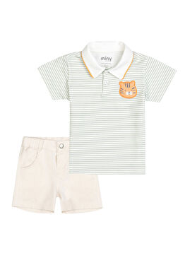 Bej Çizgili Şort T-Shirt Pola Yaka Erkek Bebek İkili Set