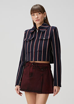 Lacivert Çizgili Crop Yün Ceket