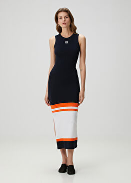 Lacivert Turuncu Midi Elbise