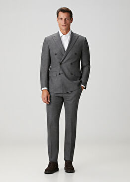 Koyu Gri Ekose Desenli Yün Kruvaze Takım Elbise