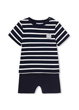 Lacivert Beyaz Çizgili Pamuklu Kısa Kollu T-Shirt ve Şort Erkek Bebek 2'li Set