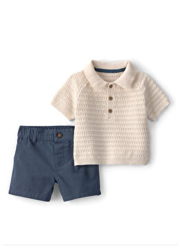 Bej Polo Yaka Kısa Kollu T-shirt ve Mavi Şort Erkek Bebek 2'li Set