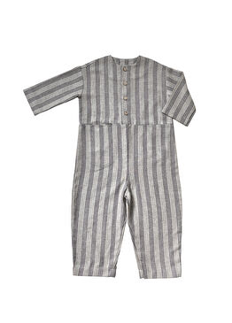 Gri Çizgili Düğmeli Uzun Kollu Erkek Bebek Tulum