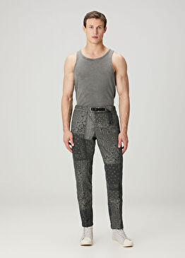 Siyah Beli Kemerli Etnik Desenli Keten Pantolon