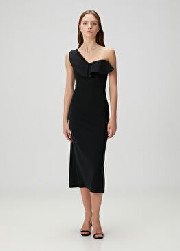 Siyah Tek Omuzlu Midi Kokteyl Elbise