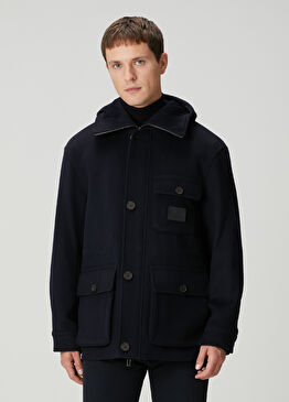 Lacivert Kapüşonlu Yün Kaban