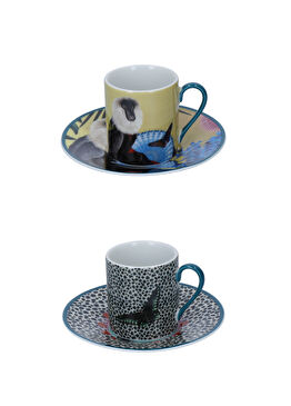 MKSAESPPK2 Sarah Arnett Porselen Hayvan Desenli 2li Kahve Espresso Fincanları ve Tabakları