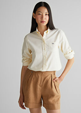 Sarı Düğmeli Yaka Regular Fit Uzun Kollu Kadın Gömlek