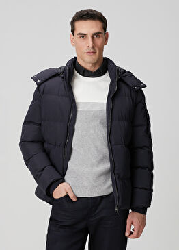 Lacivert Kapüşonlu Kapitoneli Casual Kaban