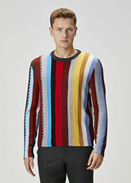 Çok Renkli Çizgi Desen Jakarlı Yün Kazak