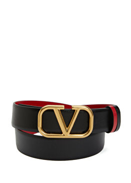 Kırmızı Siyah Logo Tokalı Kadın Deri Kemer