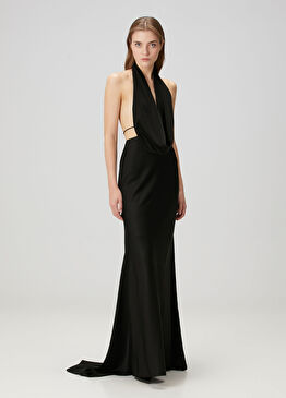 Siyah Drapeli Maksi Saten Krep Abiye Elbise