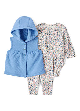 Mavi Kapüşonlu Yelek Uzun Kollu Body Pantolon Kız Bebek 3'lü Set 