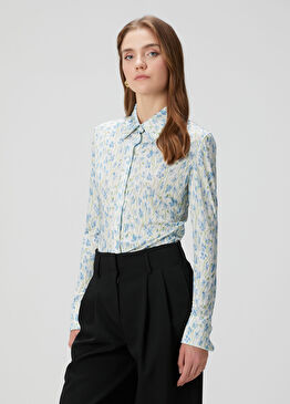 Beyaz Mavi Çiçek Desenli Gömlek