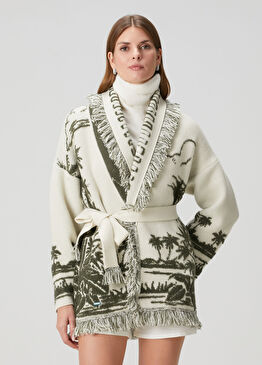 Palm Grove Tales Yeşil Beyaz Kaşmir Hırka