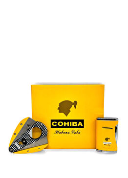 Cohiba Sarı Kareli Puro Çakmağı ve Kesici Seti
