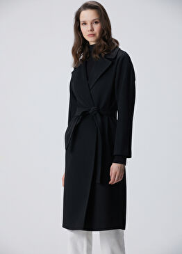 Siyah Punto Detaylı Astarlı Basic Kaşe Manto