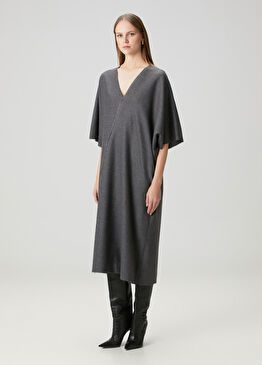 Koyu Gri Midi Yün Elbise