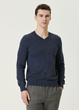 Mavi V Yaka Kaşmir Kazak