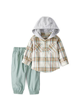 Ekru Kapüşonlu Uzun Kollu Gömlek ve Pantolon Erkek Bebek 2'li Set