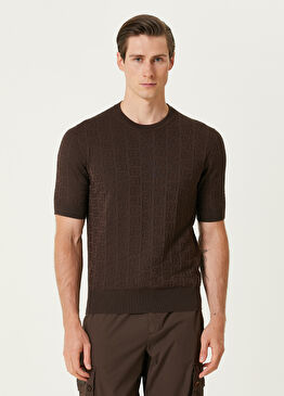 Kahverengi Logo Jakarlı Kısa Kollu İpek Triko