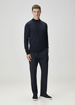 Lacivert Beli Kordonlu Yün Pantolon