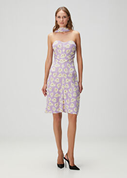 Poppies Mor Sarı Çiçek Desenli Midi Kokteyl Elbise