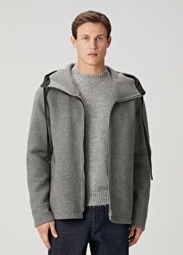 Gri Kapüşonlu Yün Kaban