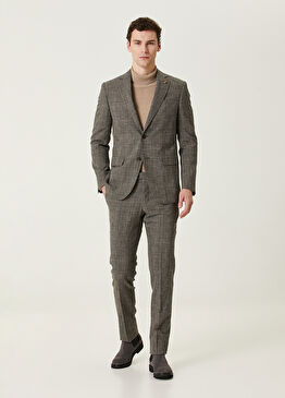 Kahverengi Ekose Desenli Yün Takım Elbise