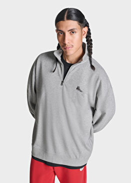 Sneaker Logolu Gri Loose Fit Yarım Fermuarlı Erkek Sweatshirt