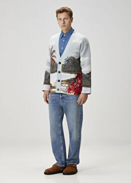 Çok Renkli Palmiye Jakarlı Yün Triko Hırka