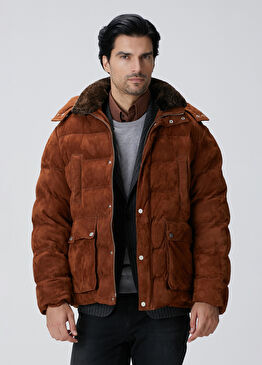 Tarçın Kapüşonlu Deri Kaban