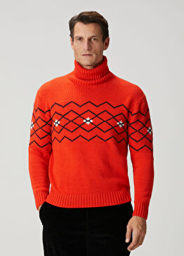 Kırmızı Balıkçı Yaka Jakarlı Yün Kazak