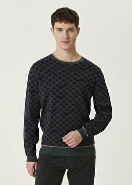 Lacivert Geometrik Desenli Yün Kazak