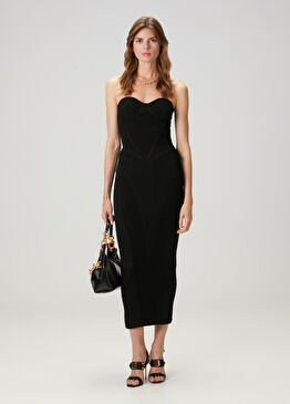 Siyah Straplez Midi Kokteyl Elbise