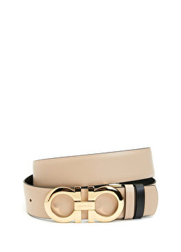 Bej Siyah Logo Tokalı Kadın Deri Kemer