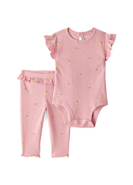 Pembe Limon Desenli Fırfırlı Kısa Kollu Body Pantolon Kız Bebek 2'li Set  