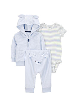 Mavi Kısa Kollu Body Hırka Pantolon Erkek Bebek 3'lü Set