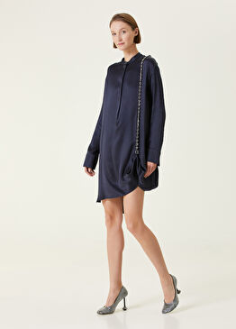 Lacivert Zincir Detaylı Mini İpek Elbise