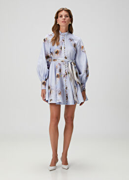 Hypnotic Lila Desenli Mini Keten Elbise