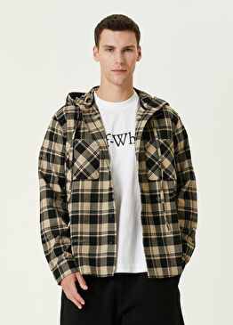 Bej Siyah Ekose Desenli Kapüşonlu Dış Gömlek