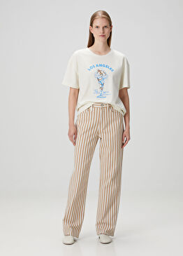 Krem Çizgili Straight Leg Jean Pantolon