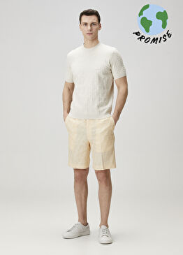 Bej Logo Motifli Keten Bermuda