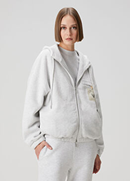 Gri Kapüşonlu Fermuarlı Sweatshirt
