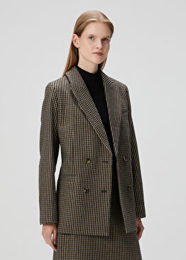 Kahverengi Desenli Kruvaze Yün Blazer